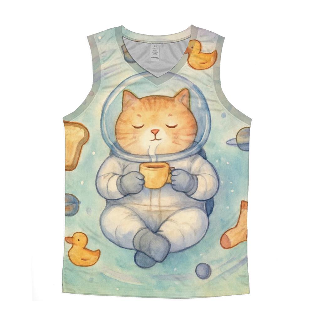 Orbiting Tea Party Cat graphic print tank tops