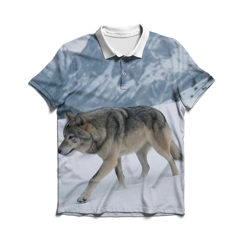 Eurasian Wolf Crossing Alpine Snowfield embroidered polo tops