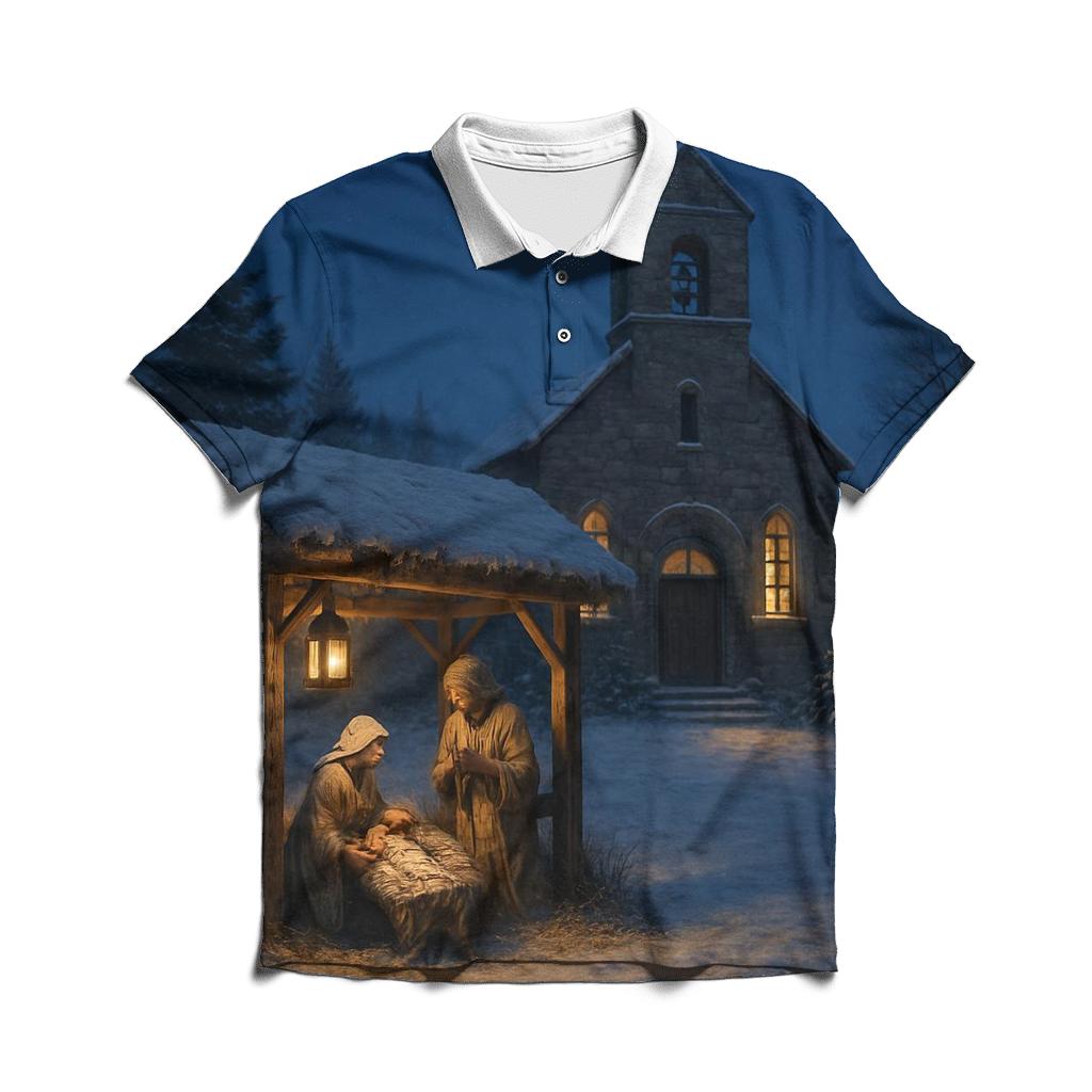 Silent Snowfall At The Village Nativity designer slim fit polos
