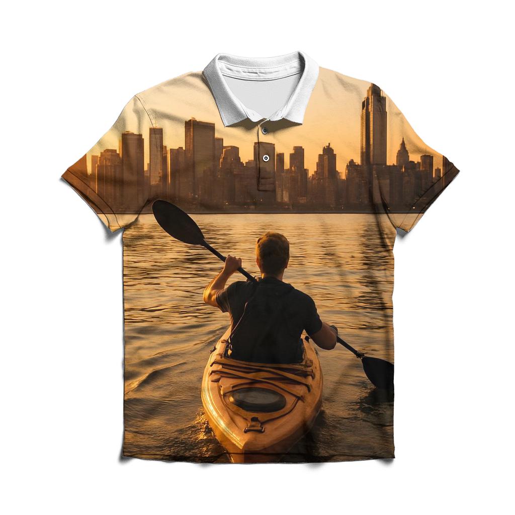 Hudson River Kayaker Facing Midtown Skyline branded logo polo shirts