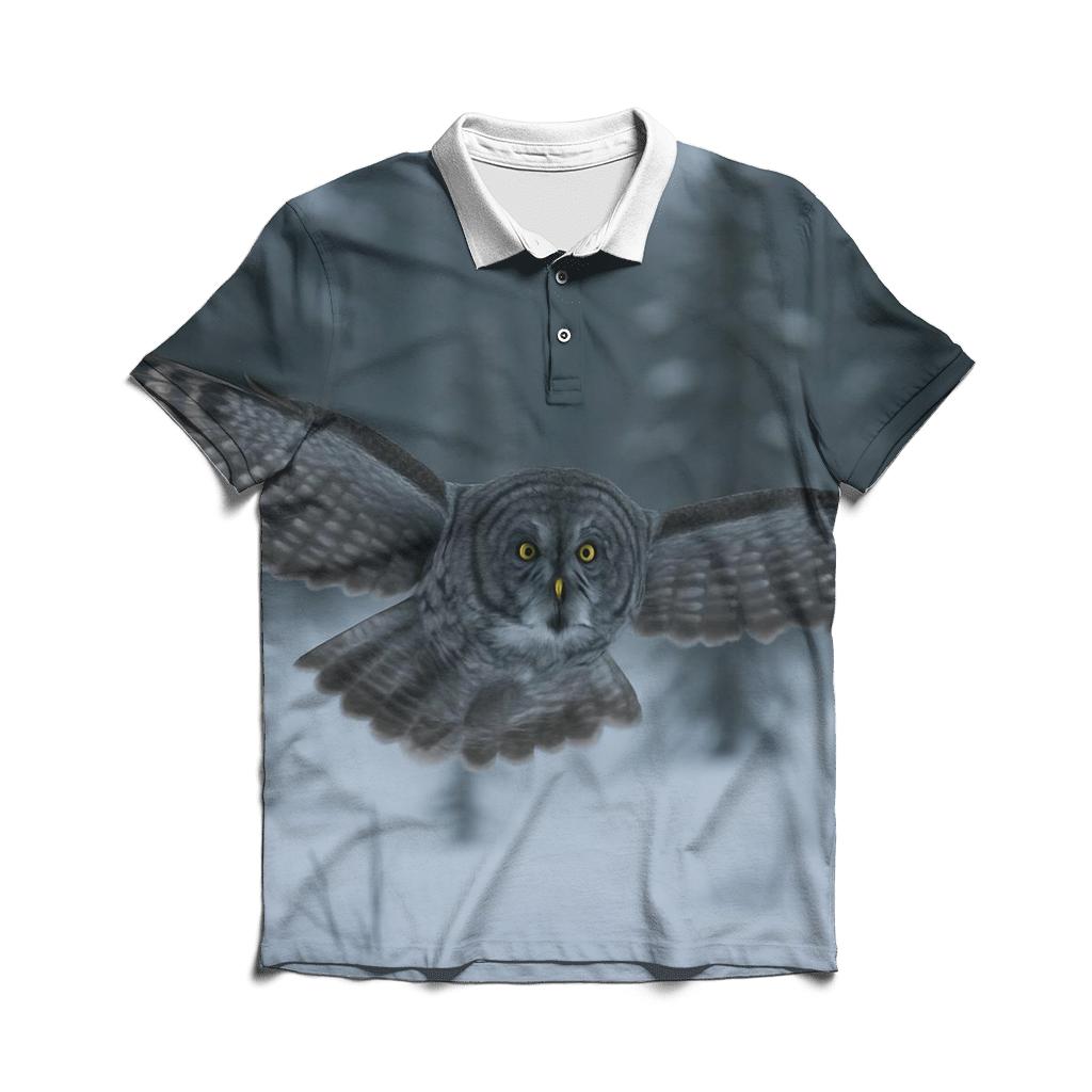 Great Gray Owl Silent Glide In Spruce Bog branded logo polo shirts