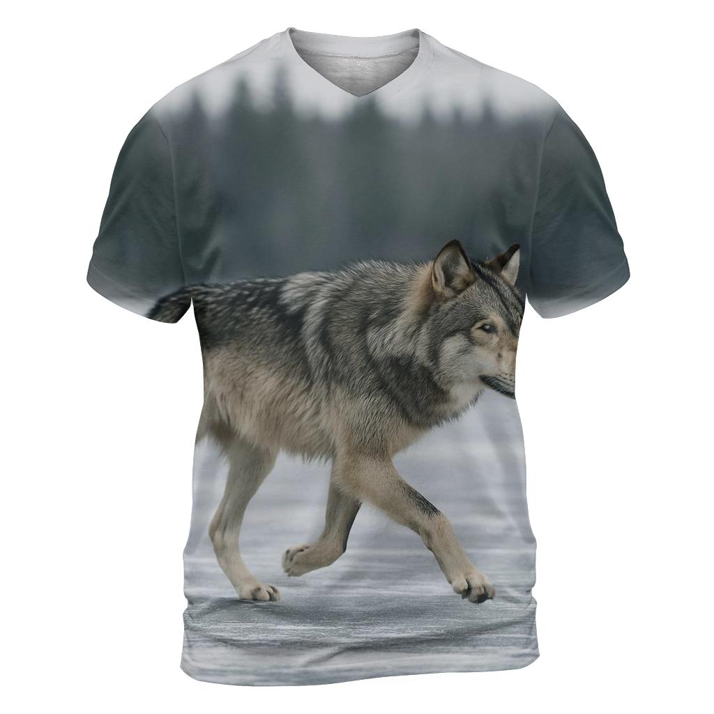 Timber Wolf Crossing Frozen Lake vibrant all-over design tees