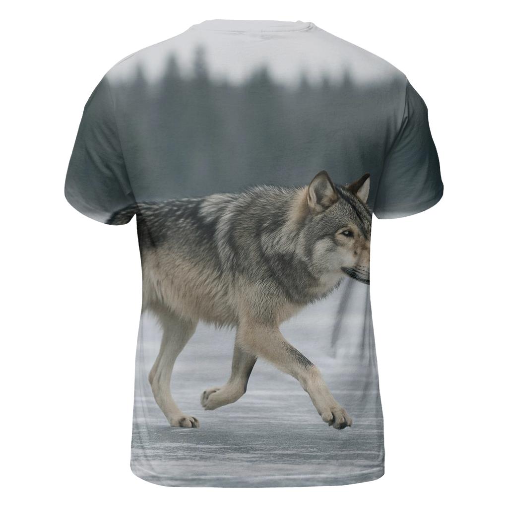 Timber Wolf Crossing Frozen Lake vibrant all-over design tees