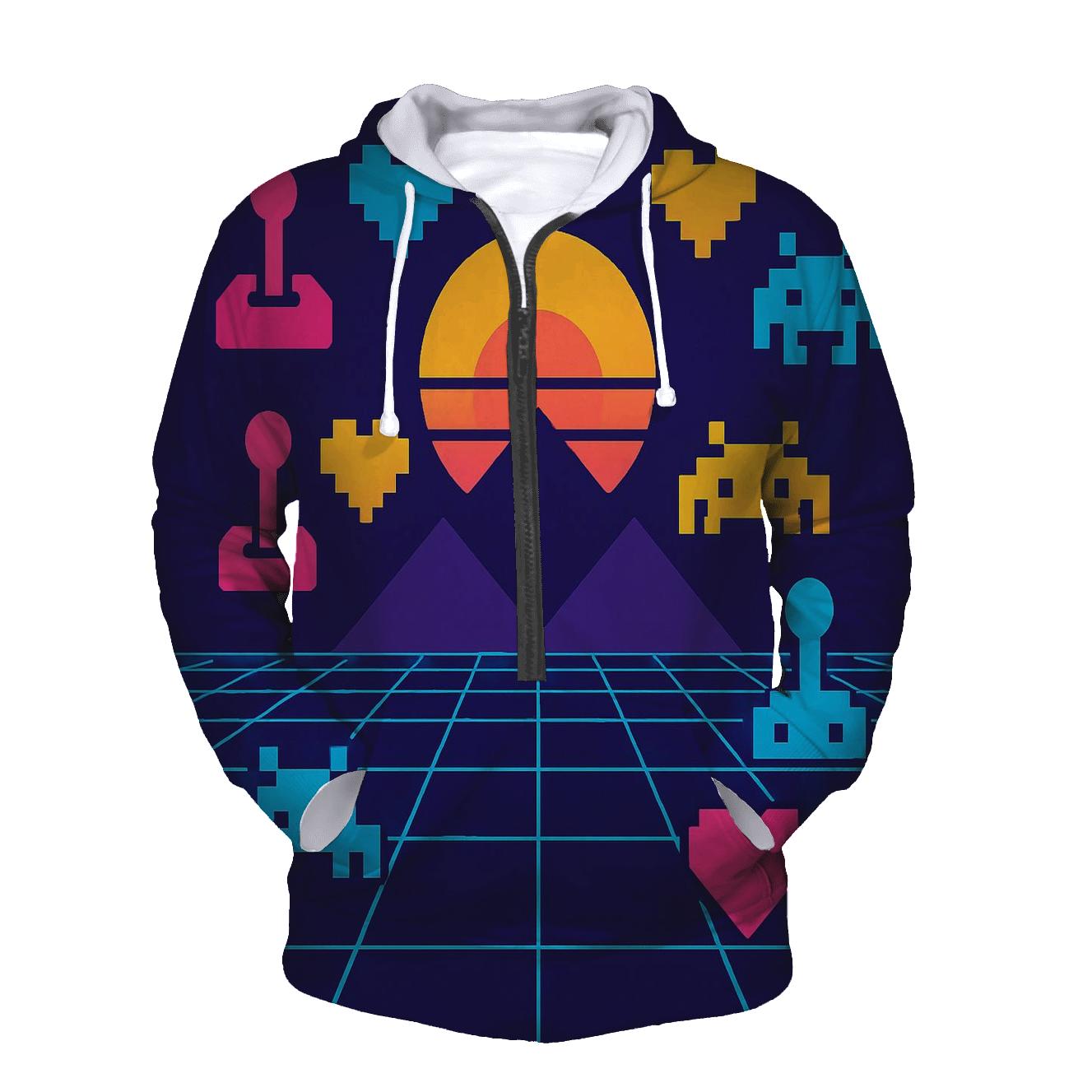Retro Neon Game Grid zip-up hoodies