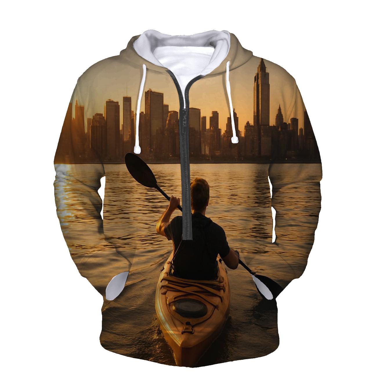 Hudson River Kayaker Facing Midtown Skyline printed hoodies