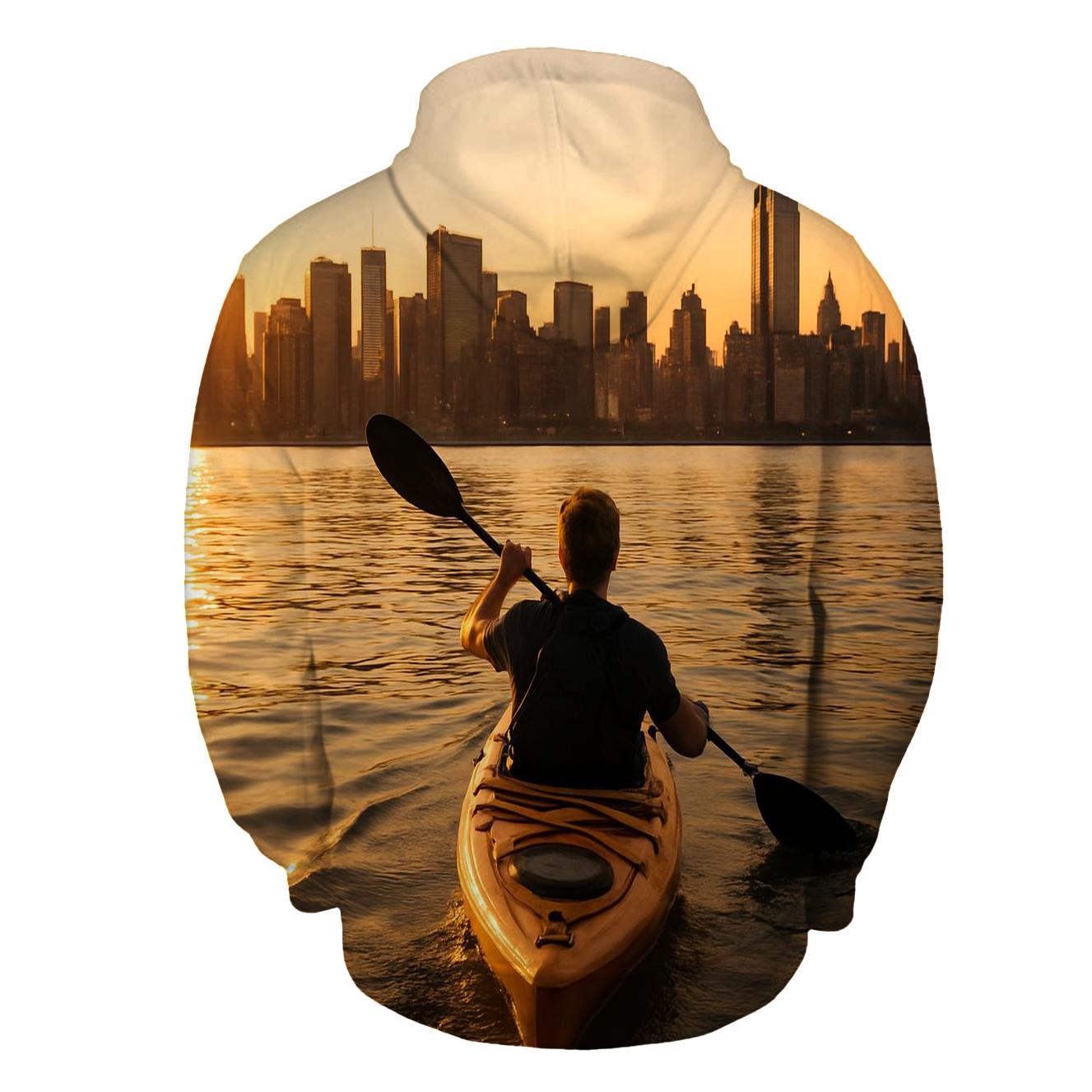 Hudson River Kayaker Facing Midtown Skyline printed hoodies