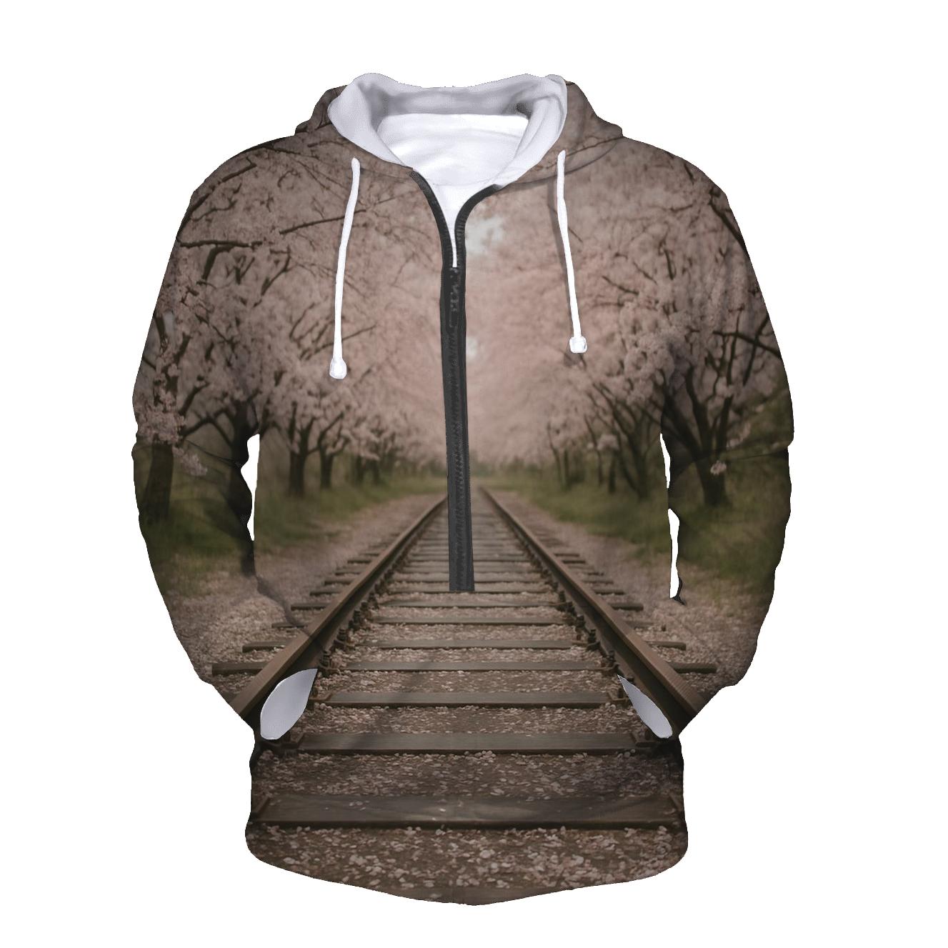 Cherry Blossoms Over Old Railway Track zip-up hoodies