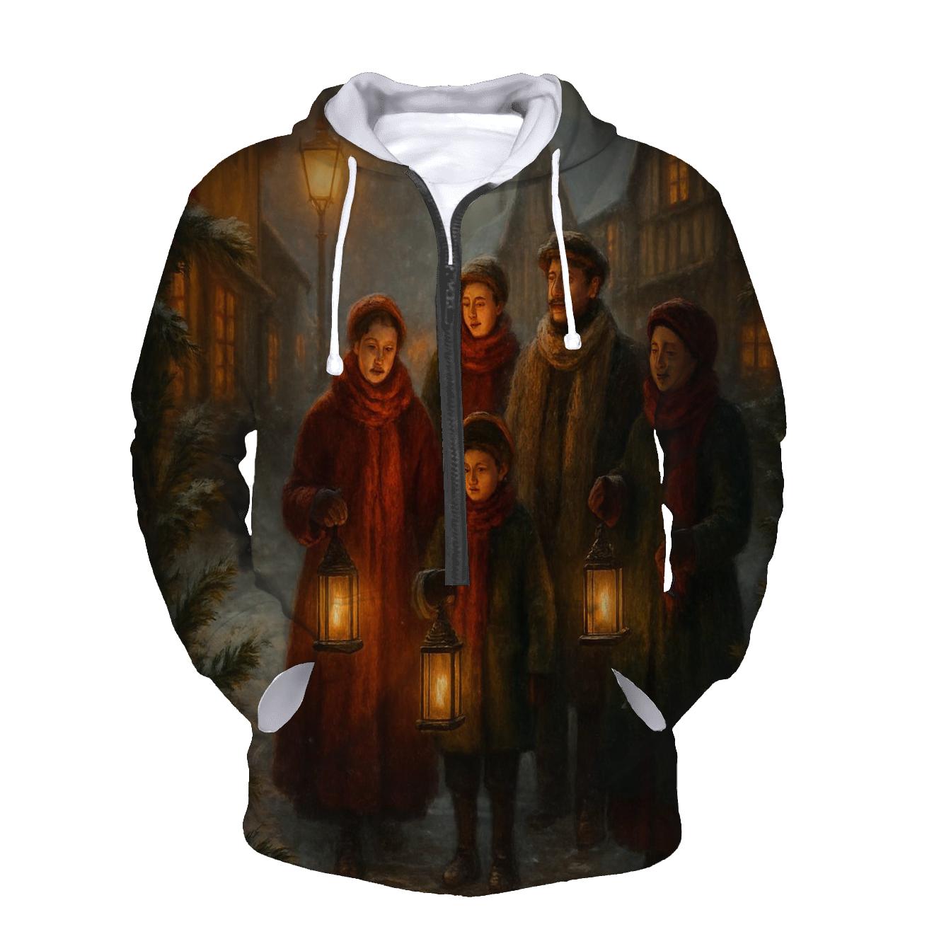 Candlelit Carolers On Snowy Lane embroidered hoodies
