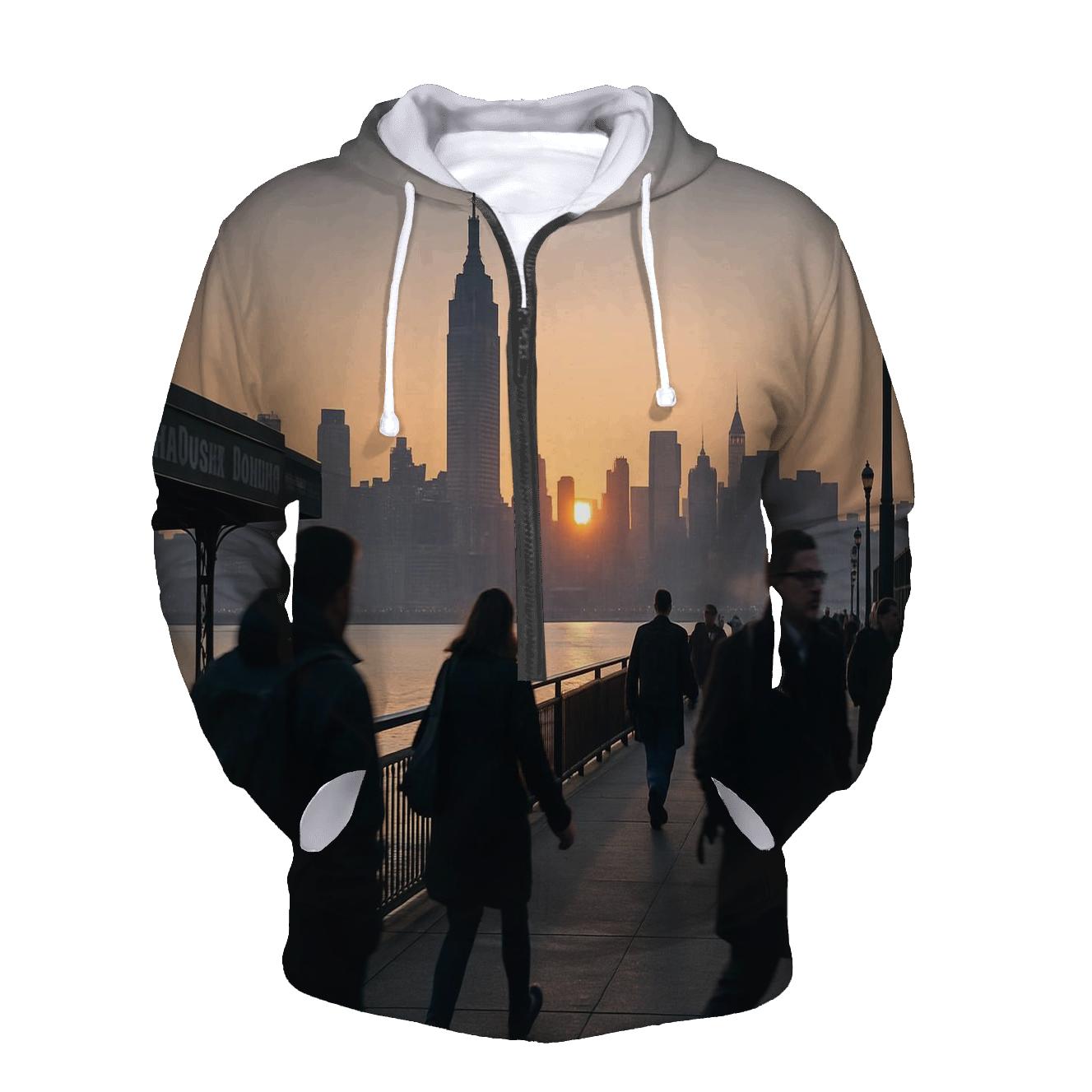 Morning Commute At Hoboken Terminal Skyline Backdrop embroidered hoodies