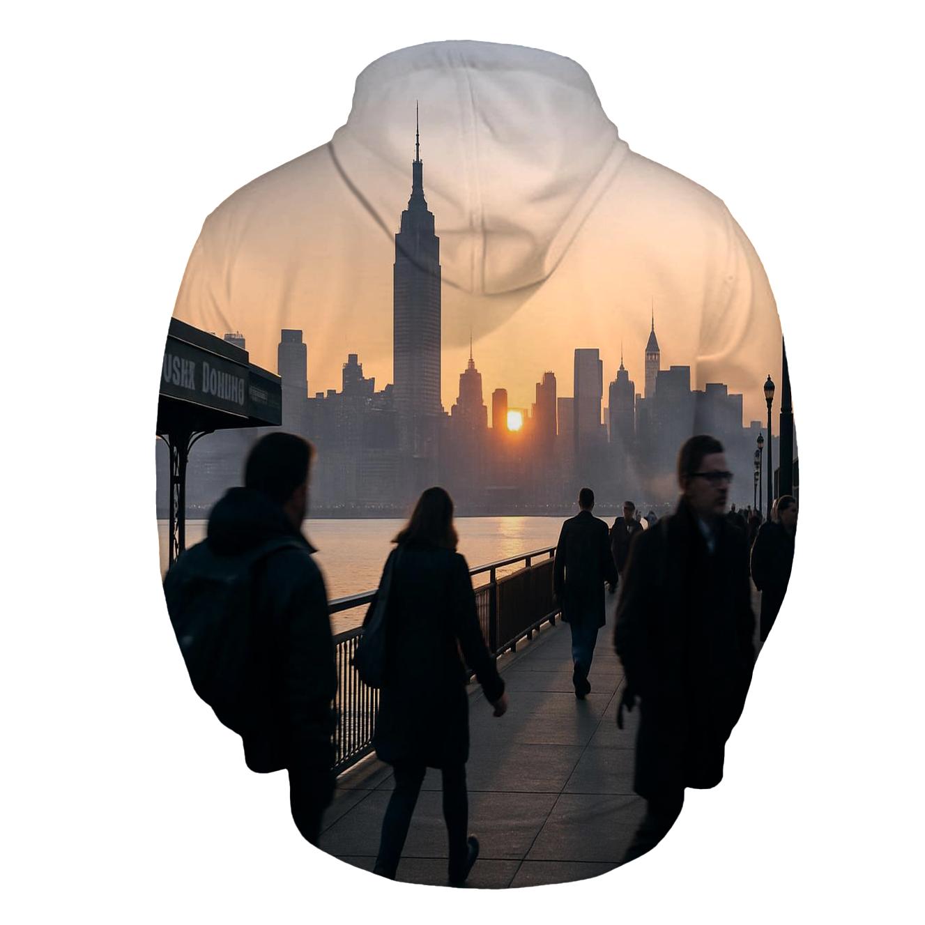 Morning Commute At Hoboken Terminal Skyline Backdrop embroidered hoodies