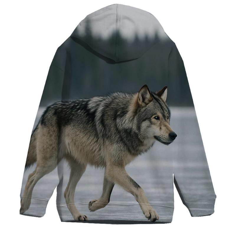 Timber Wolf Crossing Frozen Lake zip-up hoodies