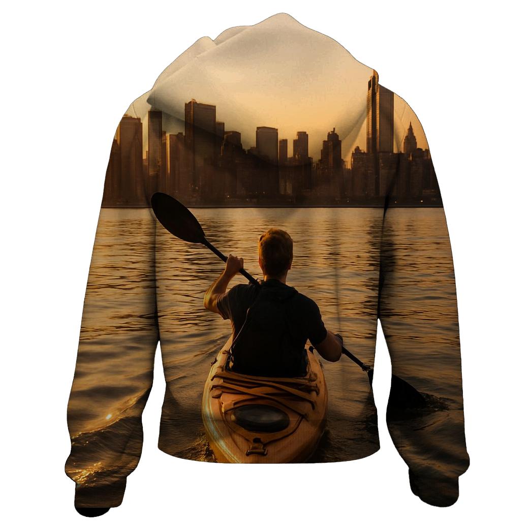 Hudson River Kayaker Facing Midtown Skyline hoodie designs