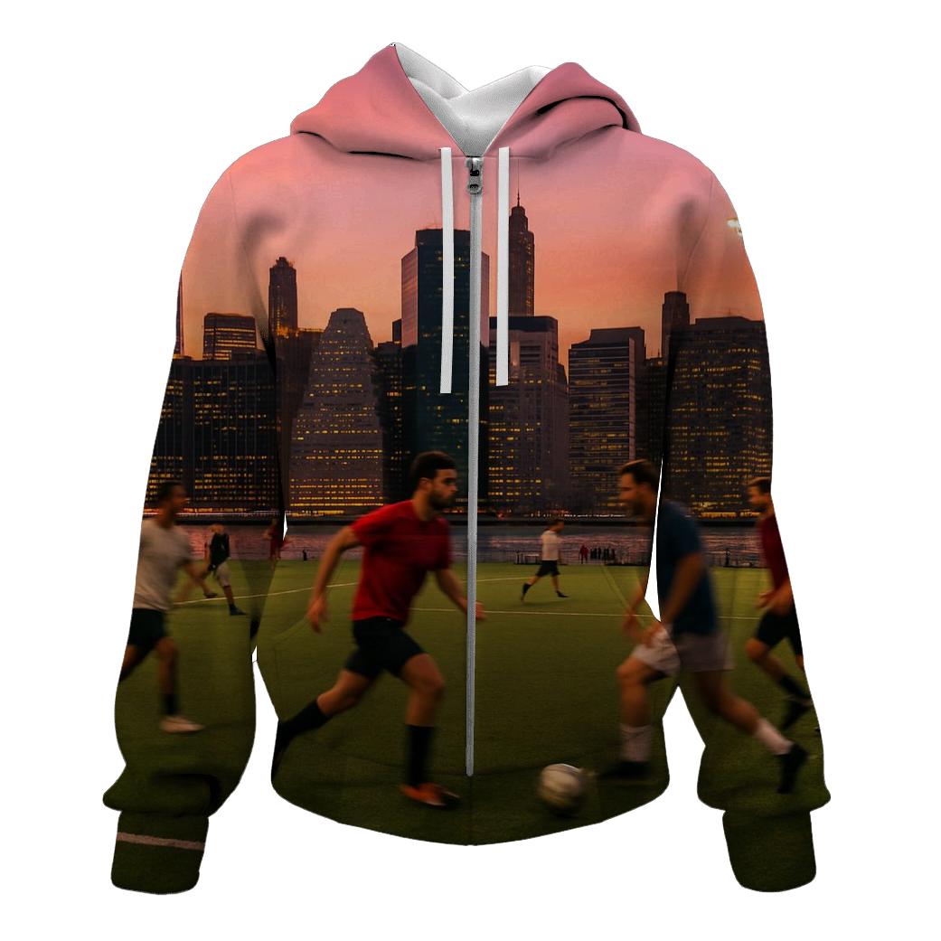 Sunset Soccer Under The Manhattan Skyline premium hoodies
