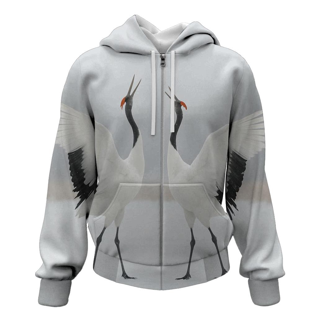 Red Crowned Cranes Dancing On Winter Marsh lightweight hoodies