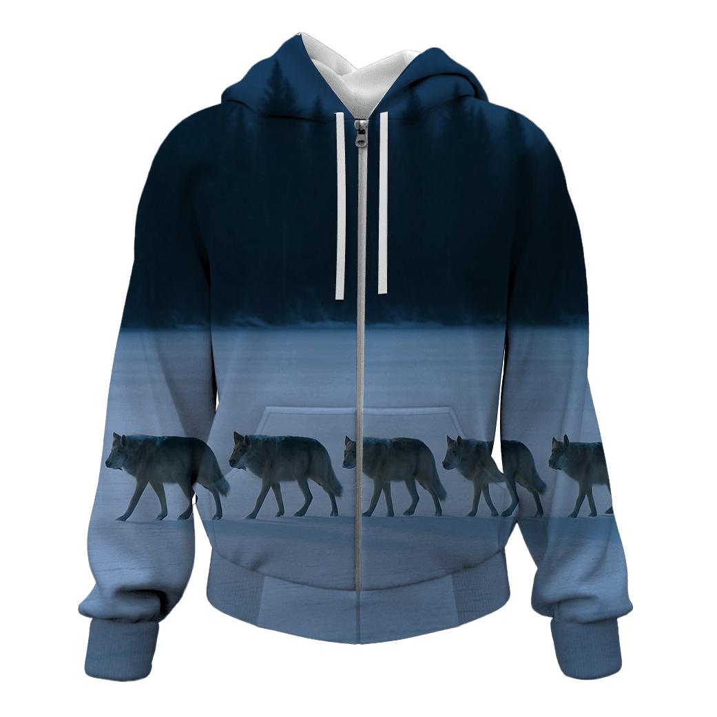 Snow Dusted Wolf Pack On Frozen Lake Crossing hoodies fashion