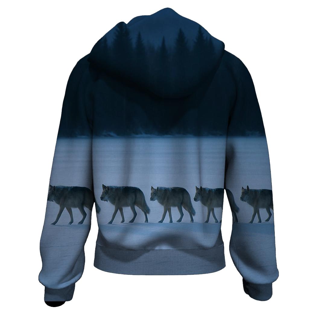 Snow Dusted Wolf Pack On Frozen Lake Crossing hoodies fashion