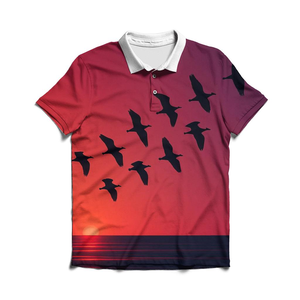 Crimson Flight Over Quiet Waves premium cotton polo shirts