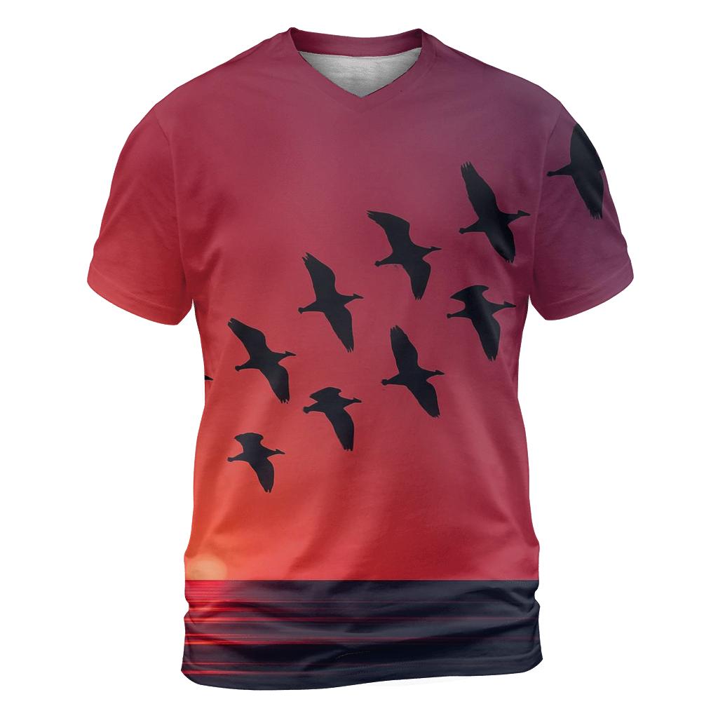 Crimson Flight Over Quiet Waves unique graphic print tees