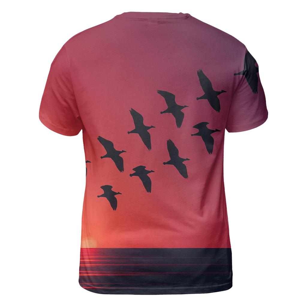 Crimson Flight Over Quiet Waves unique graphic print tees