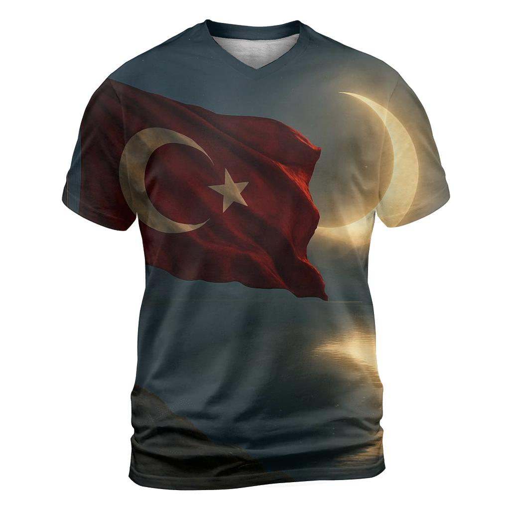 Turkish Moonlit Flag Mountain Lake vibrant all-over design tees