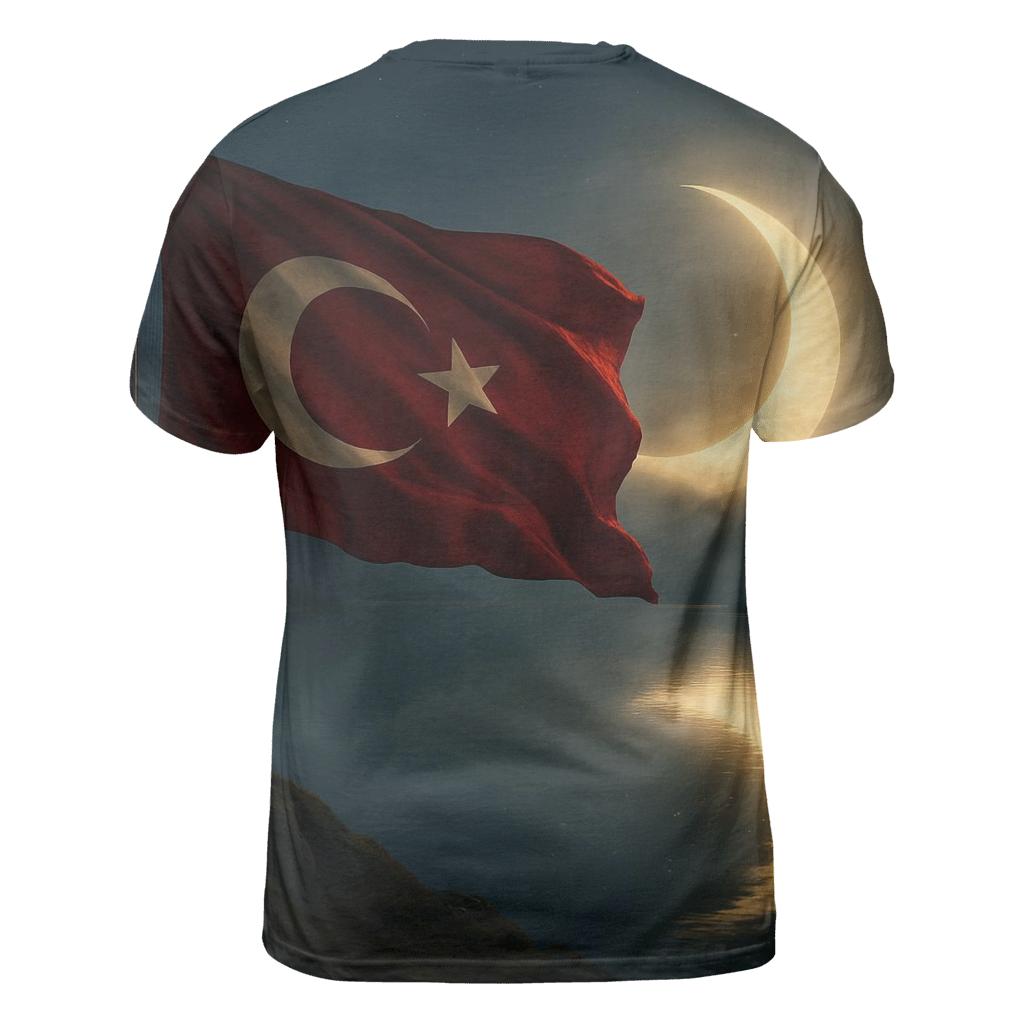 Turkish Moonlit Flag Mountain Lake vibrant all-over design tees
