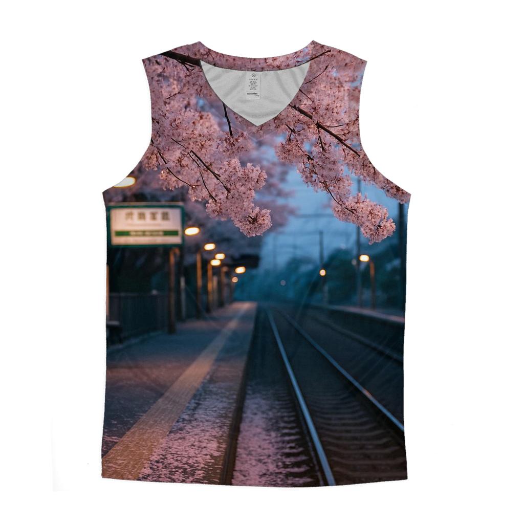 Cherry Blossoms Over Commuter Platform graphic print tank tops