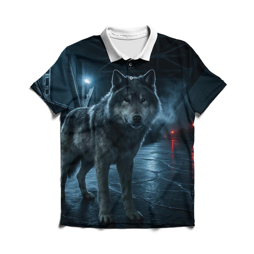 Industrial Night Wolf On Frozen Canal premium cotton polo shirts