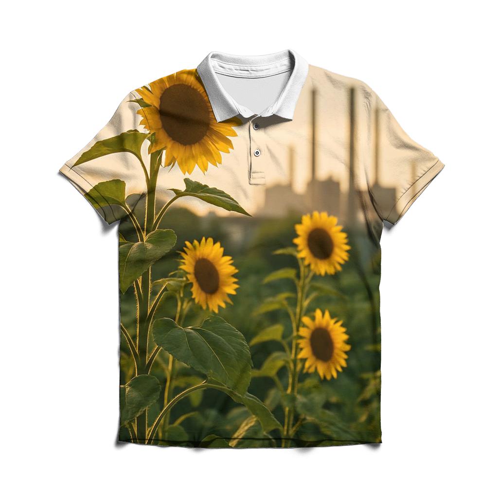 Sunflowers Facing Industrial Skyline designer slim fit polos