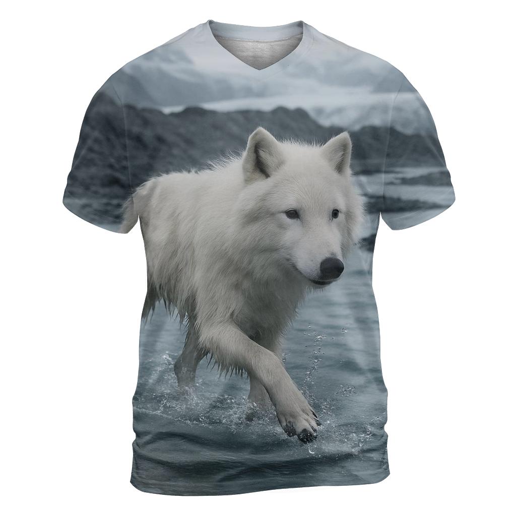 Glacial River Crossing Arctic Wolf statement graphic shirts