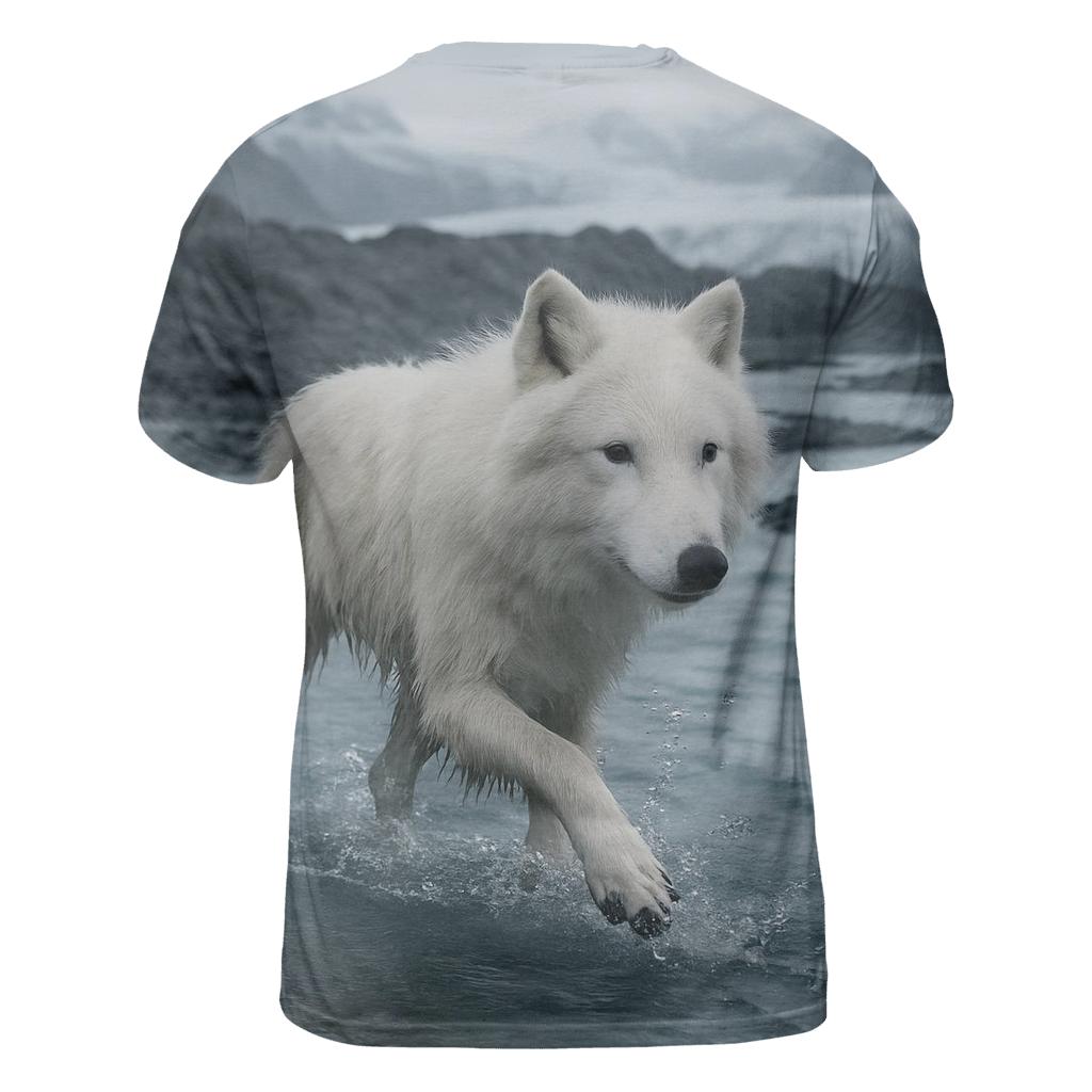 Glacial River Crossing Arctic Wolf statement graphic shirts