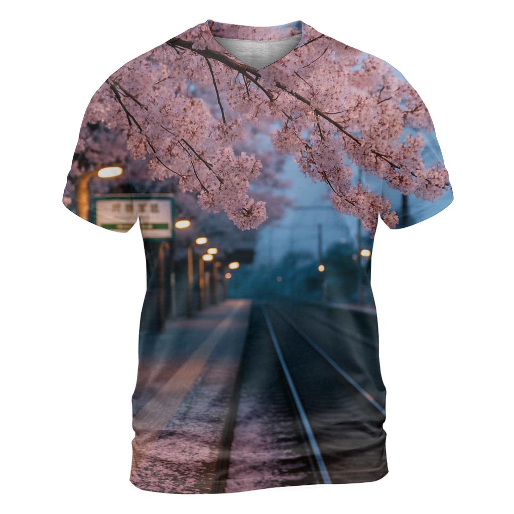 Cherry Blossoms Over Commuter Platform statement graphic shirts