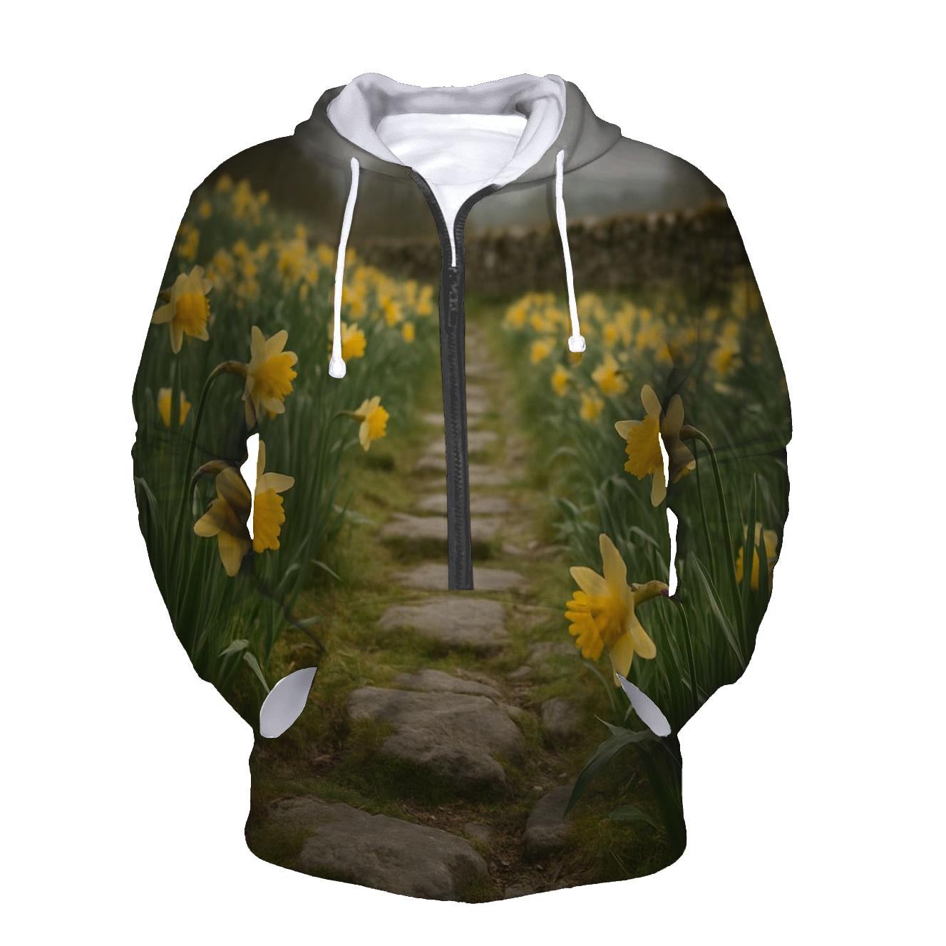 Wild Daffodils Along Ancient Stone Path embroidered hoodies