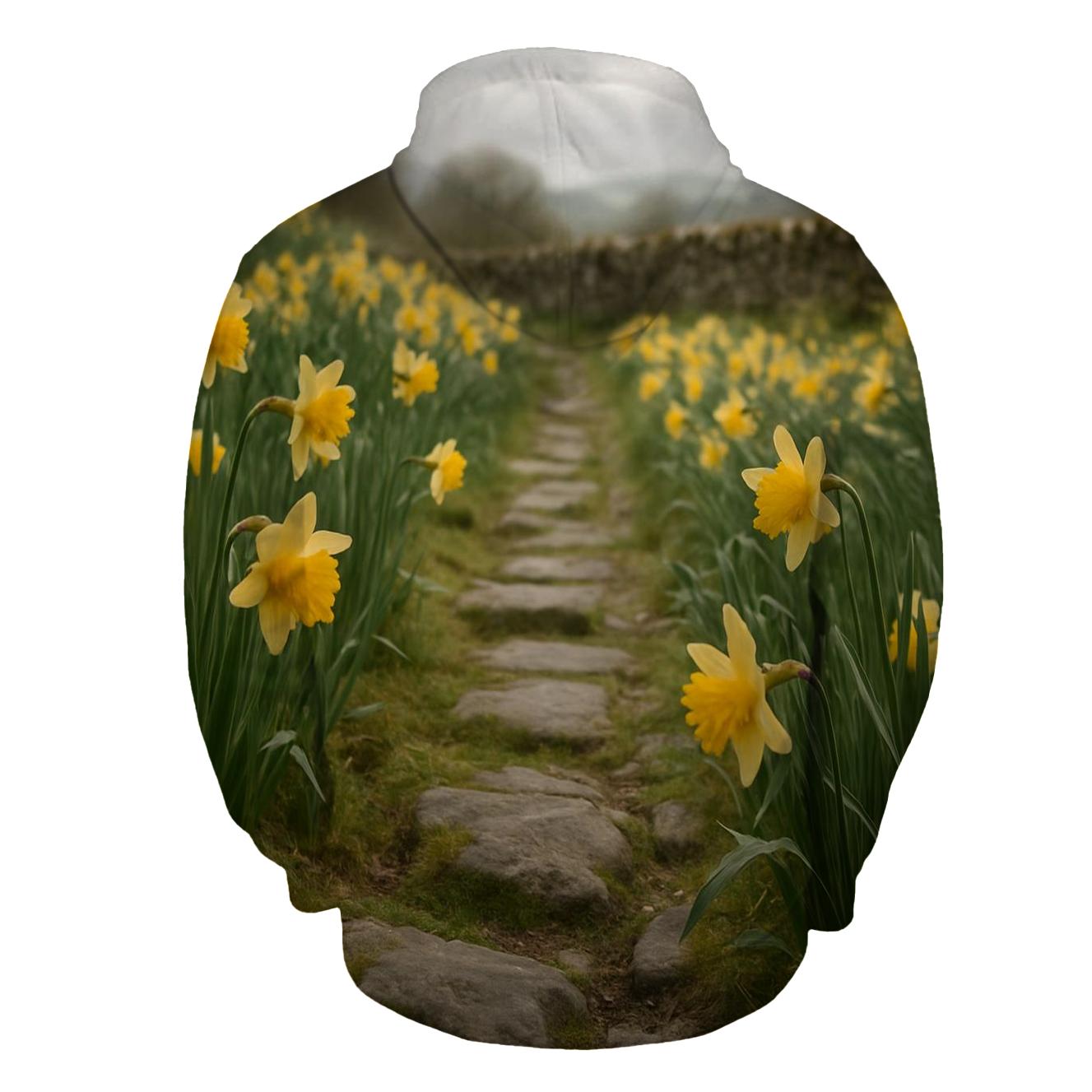 Wild Daffodils Along Ancient Stone Path embroidered hoodies