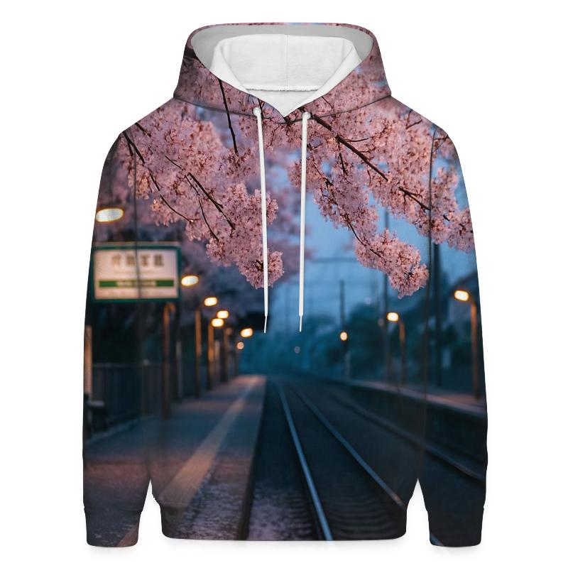Cherry Blossoms Over Commuter Platform custom hoodies