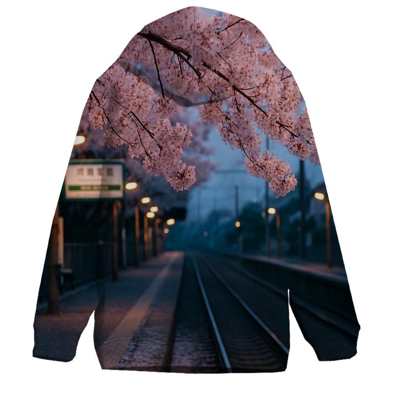 Cherry Blossoms Over Commuter Platform custom hoodies