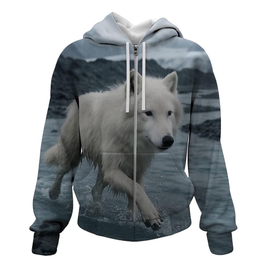 Glacial River Crossing Arctic Wolf pullover hoodies