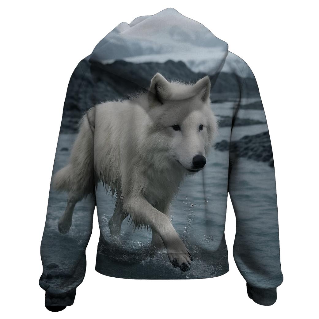 Glacial River Crossing Arctic Wolf pullover hoodies