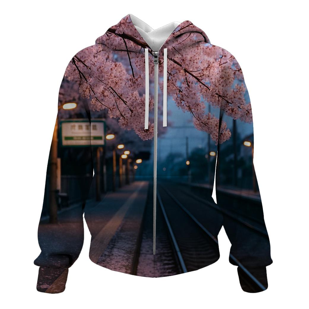 Cherry Blossoms Over Commuter Platform hoodie trends