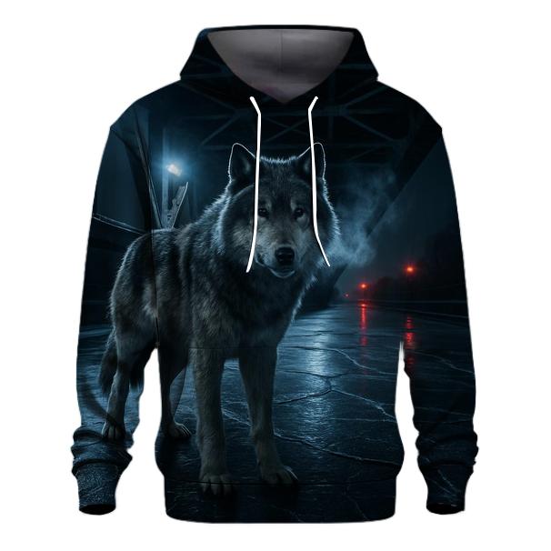 Industrial Night Wolf On Frozen Canal heavyweight hoodies
