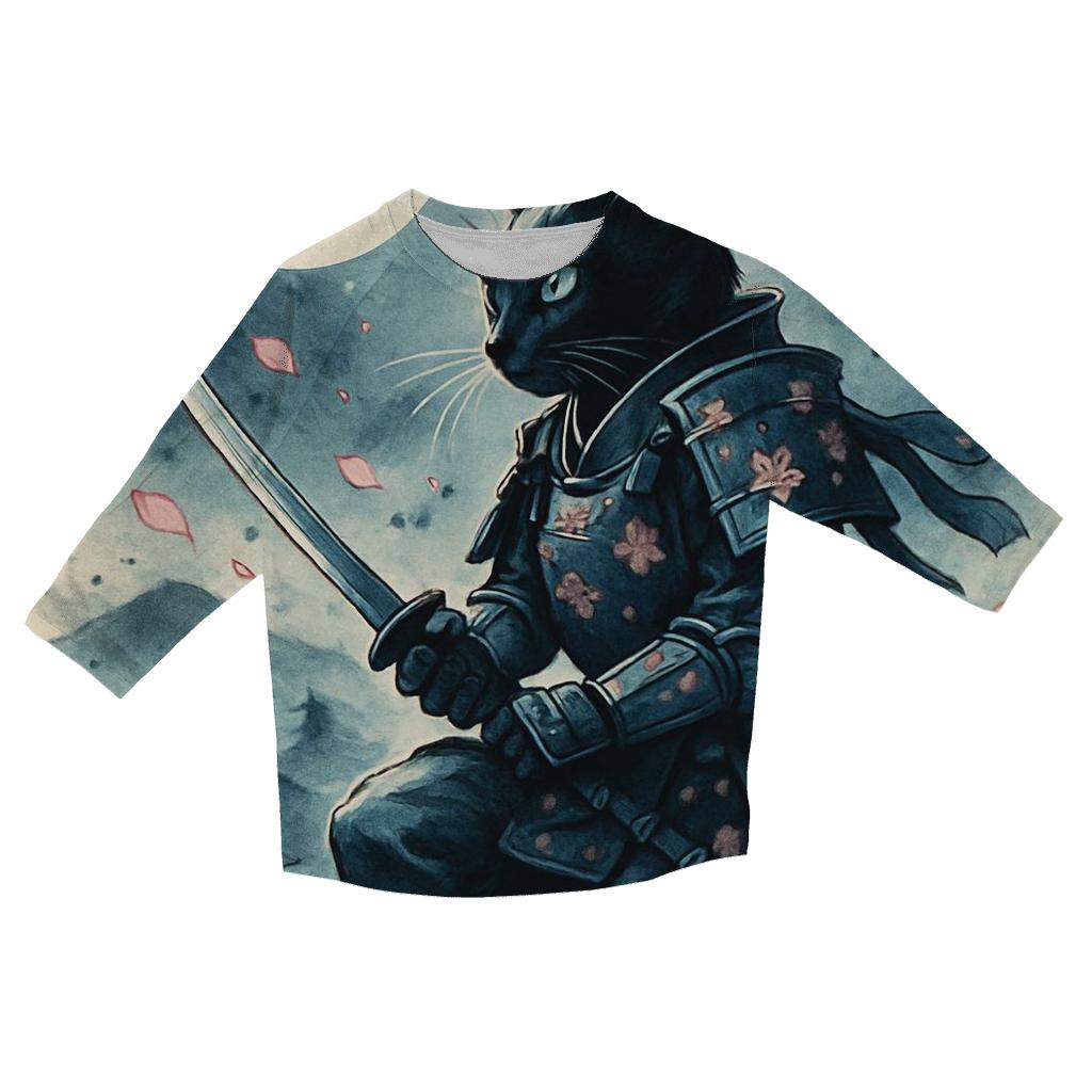Moonlit Sakura Samurai Cat casual three quarter sleeve shirts