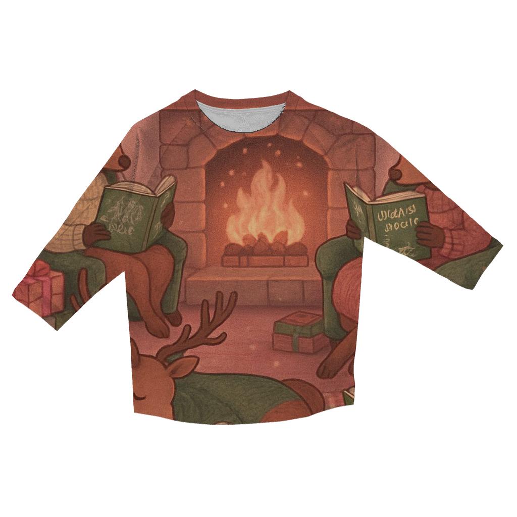 Reindeer Book Club By The Fireplace cotton quarter sleeve shirts
