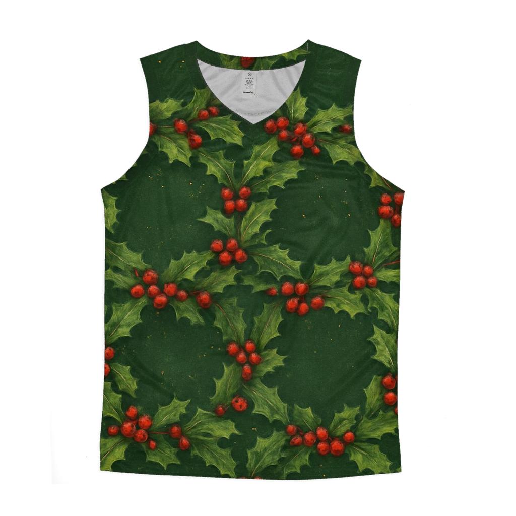 Holly Berry Wreath Chain On Forest Green trendy fitted tank tops