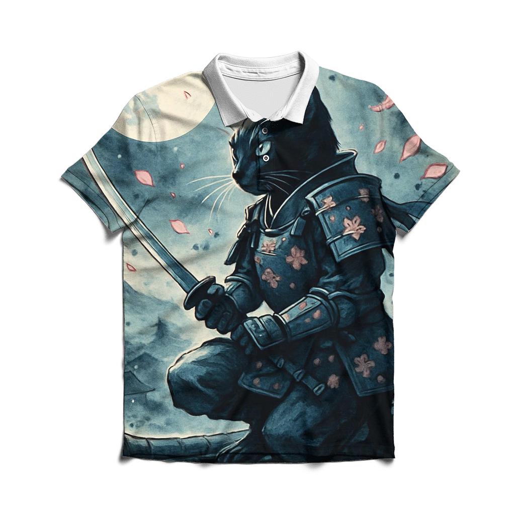 Moonlit Sakura Samurai Cat branded logo polo shirts