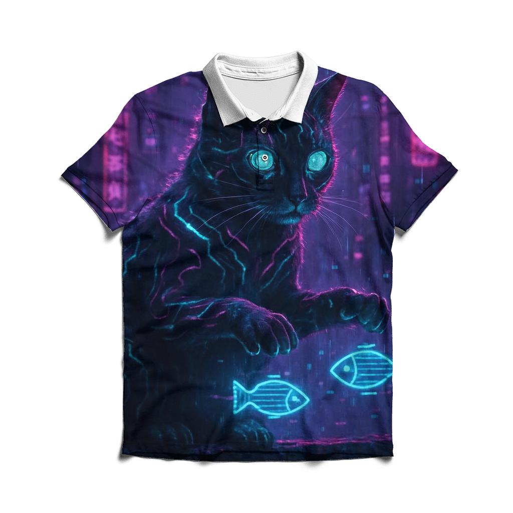 Cyberpunk Hologram Hacker Cat branded logo polo shirts