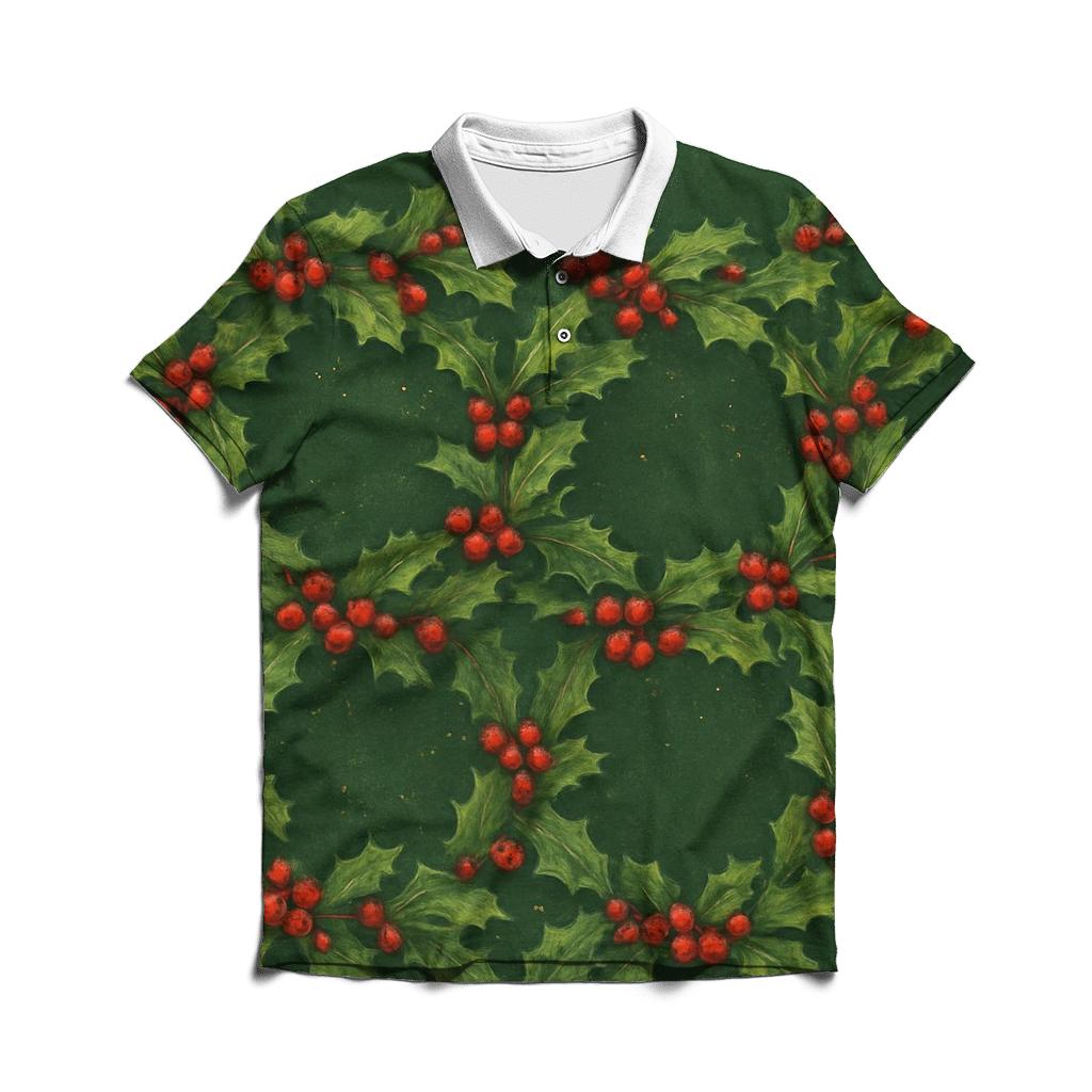 Holly Berry Wreath Chain On Forest Green stylish collar polo tees