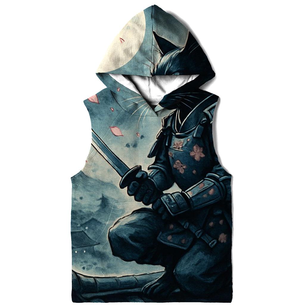 Moonlit Sakura Samurai Cat printed hoodies