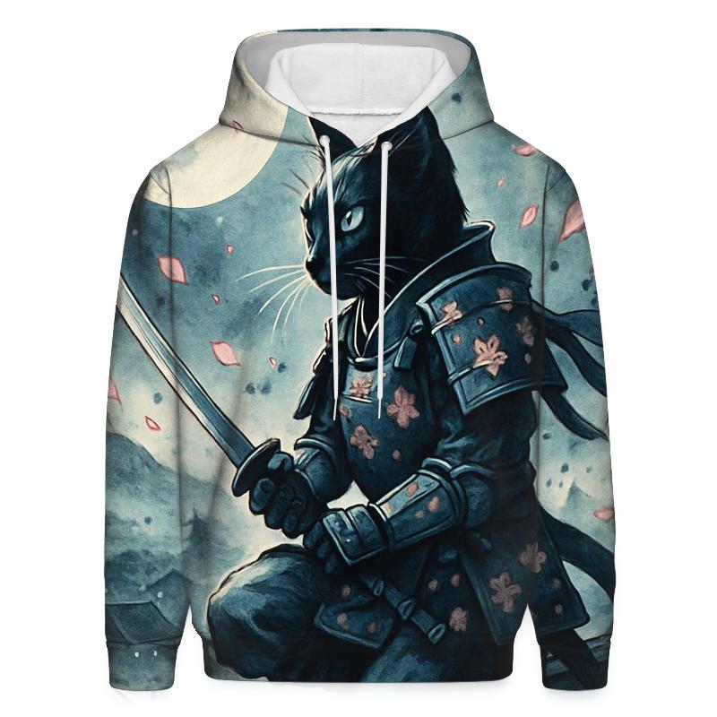 Moonlit Sakura Samurai Cat graphic hoodies