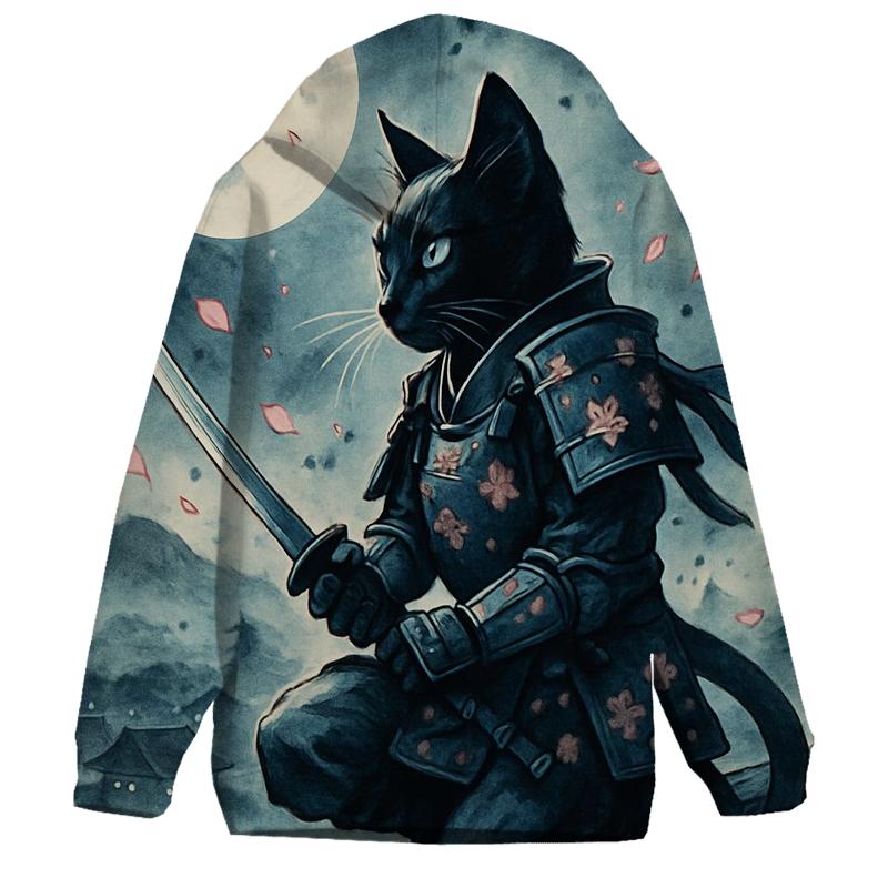 Moonlit Sakura Samurai Cat graphic hoodies