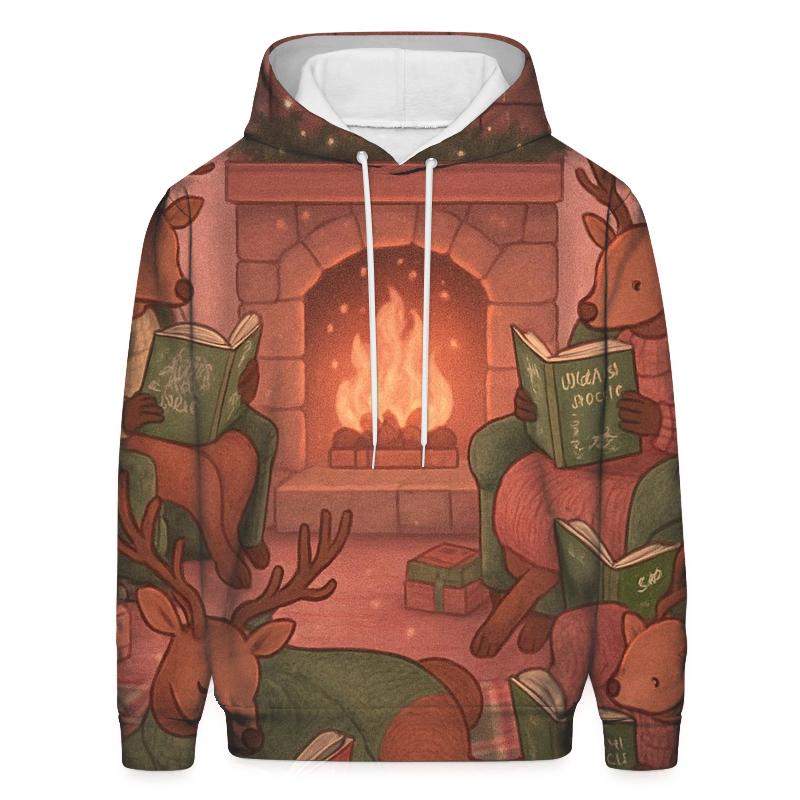 Reindeer Book Club By The Fireplace designer hoodies