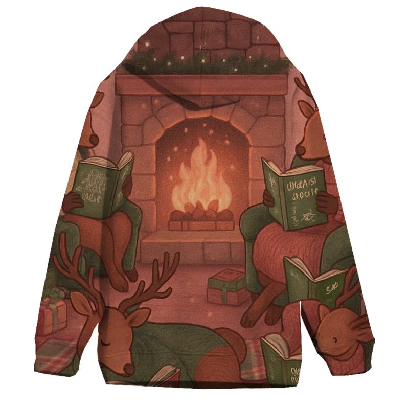 Reindeer Book Club By The Fireplace designer hoodies
